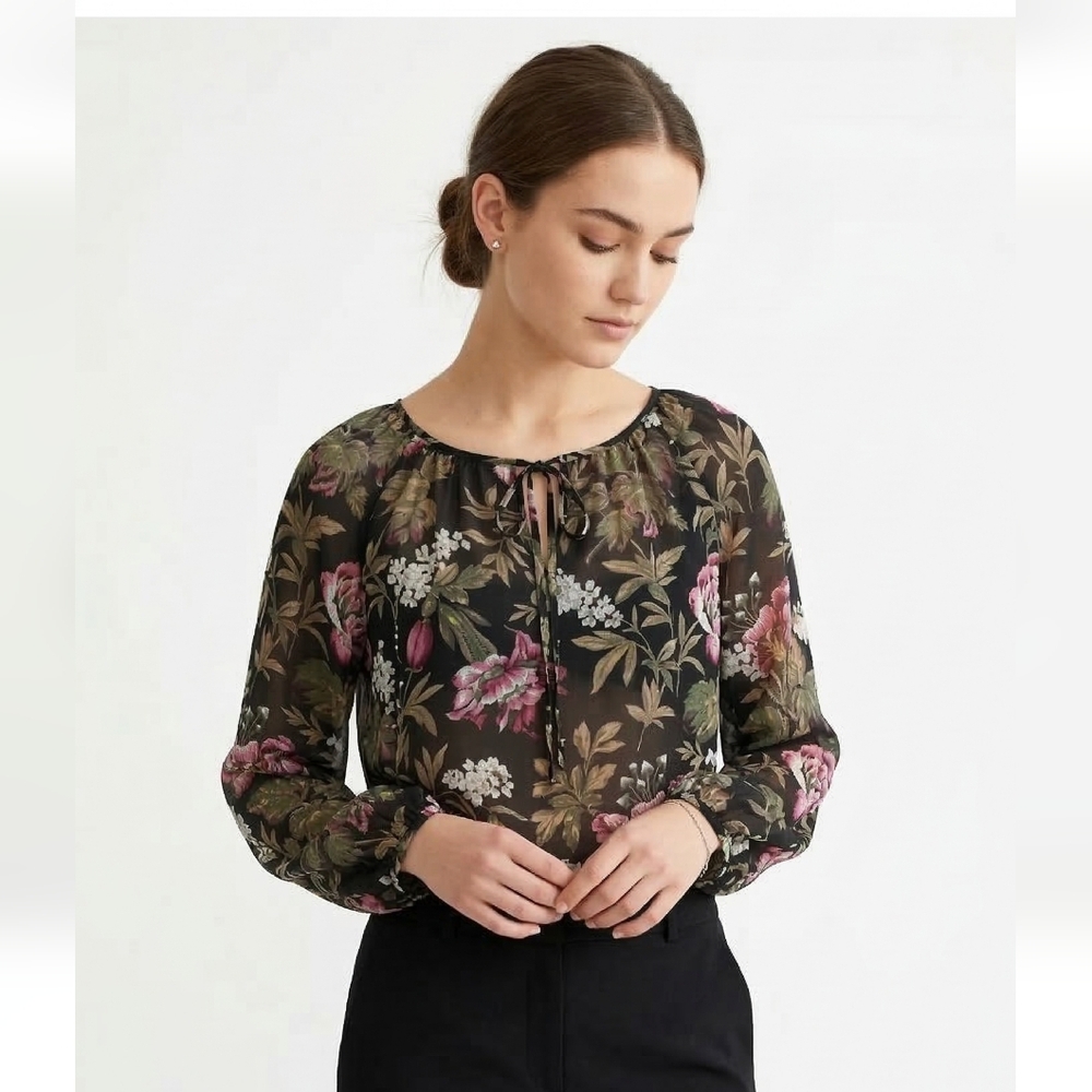 Karen Kane Blouse Black Silk Floral Sheer Boho Cottage S